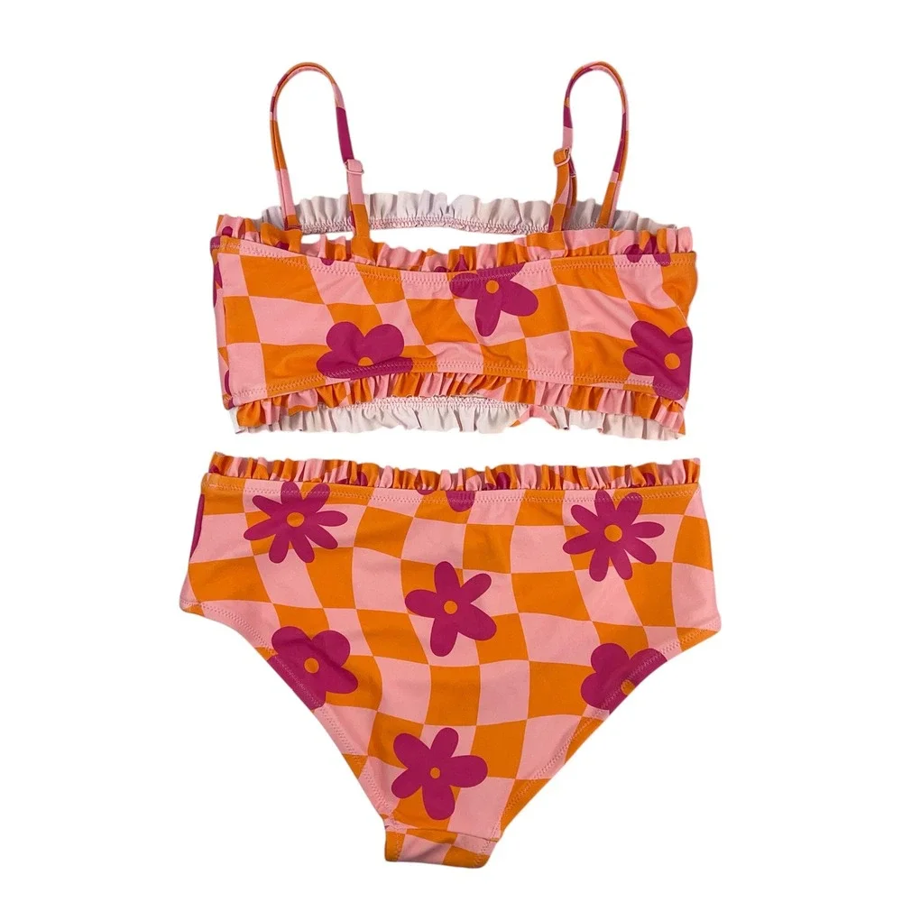 evsie Maurices Checkered Floral Bandeau Bikini Pink Orange 2-Piece Swimsuit
